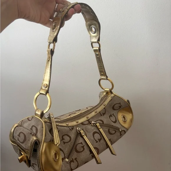 Guess Gold and Brown Logo Shoulder Bag - Picture 3 of 5
